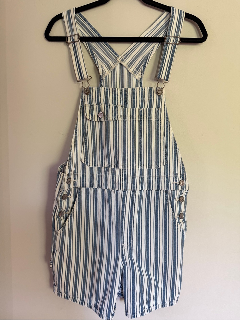American Eagle Tomboy Blue Striped Denim Overall Shorts Shortall S Small - Picture 2 of 7